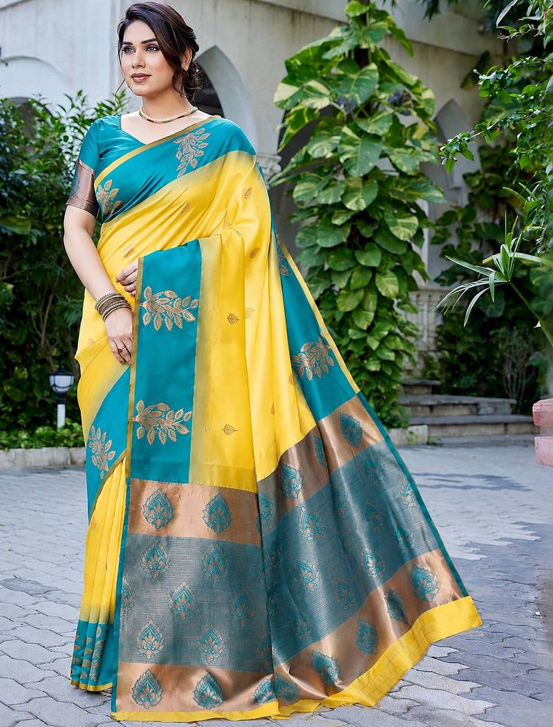 Yellow & teal blue woven art silk traditional saree with unstitched blouse