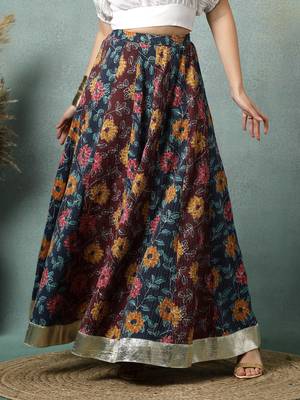 Multicolor floral printed cotton flared maxi skirt for women 2