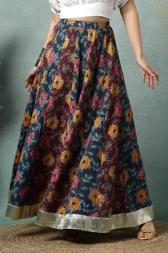 Multicolor floral printed cotton flared maxi skirt for women