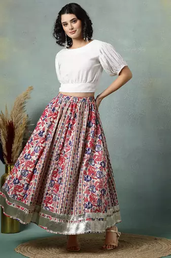 Cream floral printed cotton flared maxi skirt for women