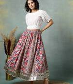 Cream floral printed cotton flared maxi skirt for women