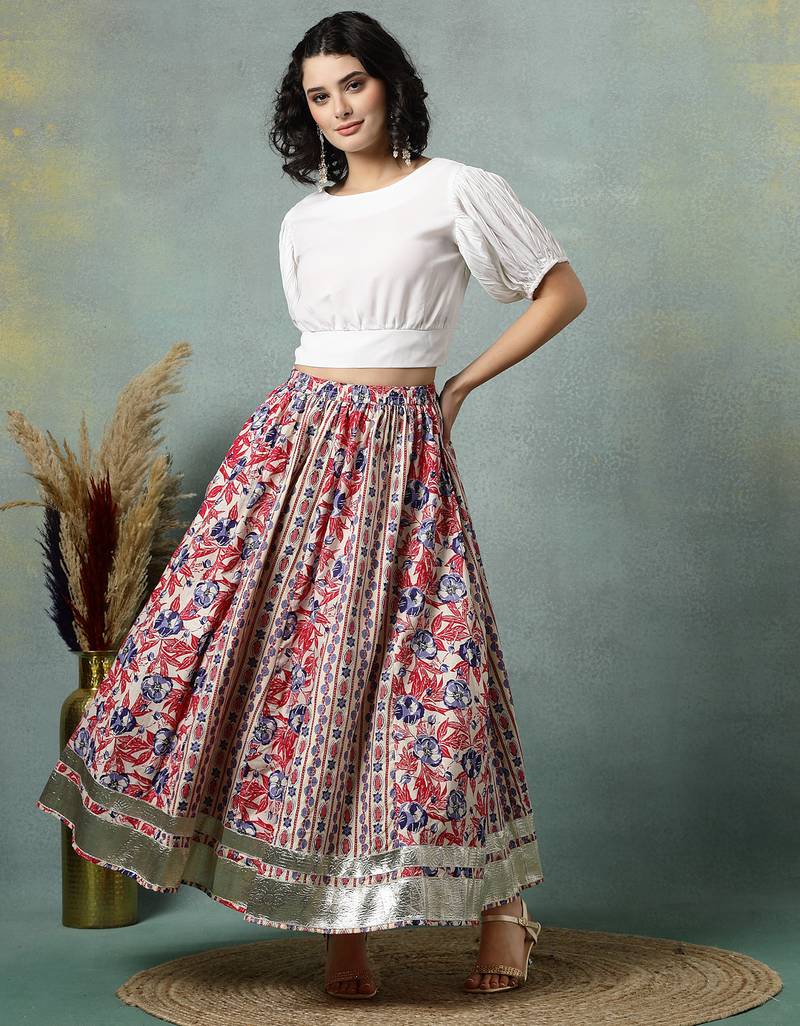 Cream floral printed cotton flared maxi skirt for women