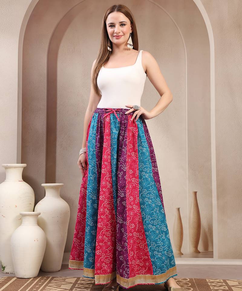 Multicolor floral printed cotton flared maxi skirt for women