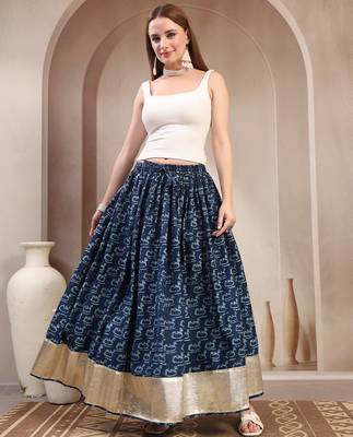 Blue graphic printed cotton flared maxi skirt for women 1