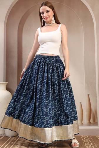 Blue graphic printed cotton flared maxi skirt for women