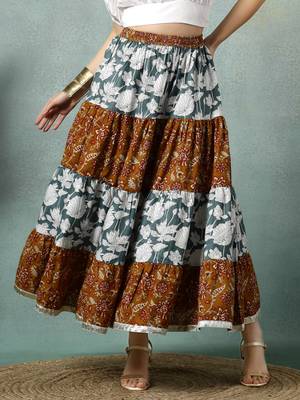 Multicolor floral printed cotton flared maxi skirt for women 2