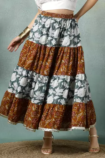 Multicolor floral printed cotton flared maxi skirt for women