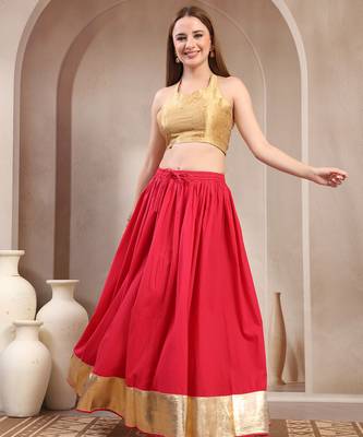 Pink plain cotton flared maxi skirt for women 1