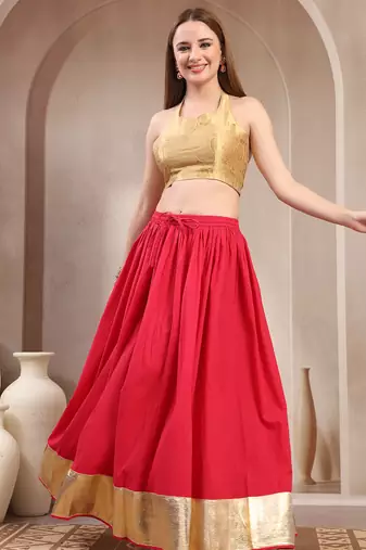 Pink plain cotton flared maxi skirt for women