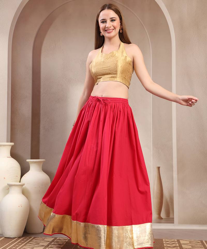 Pink plain cotton flared maxi skirt for women