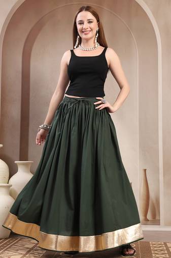 Green plain cotton flared maxi skirt for women