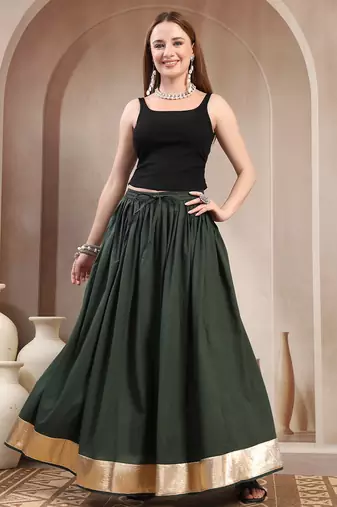 Green plain cotton flared maxi skirt for women