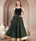 Green plain cotton flared maxi skirt for women