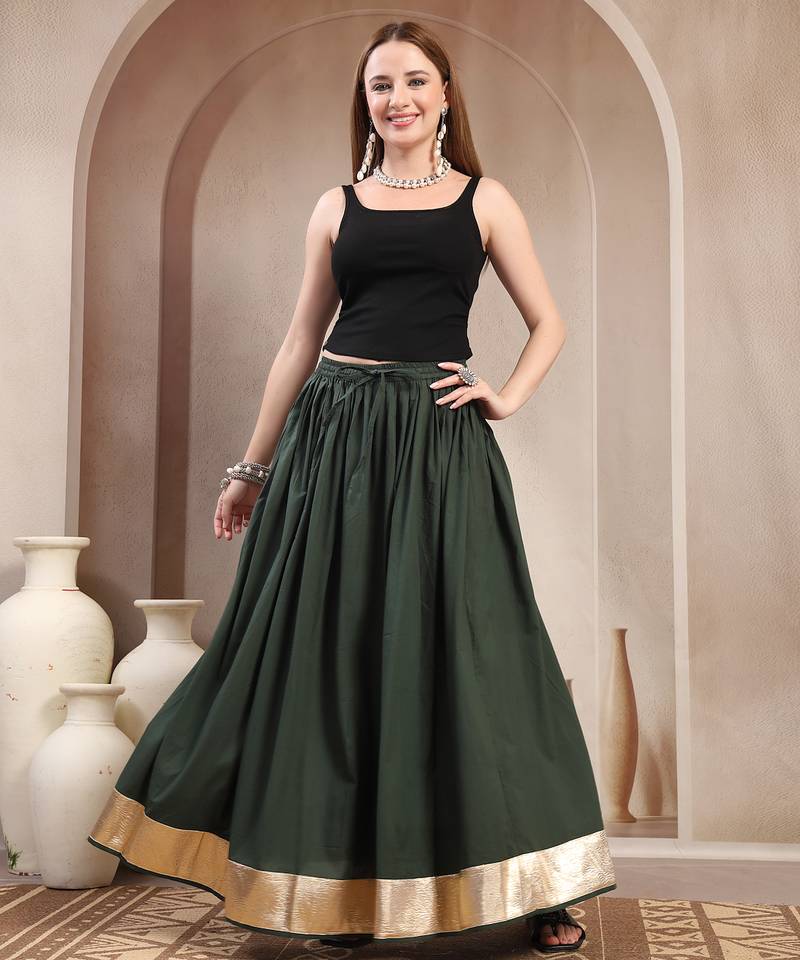 Green plain cotton flared maxi skirt for women