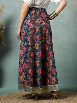 Multicolor floral printed cotton flared maxi skirt for women 3