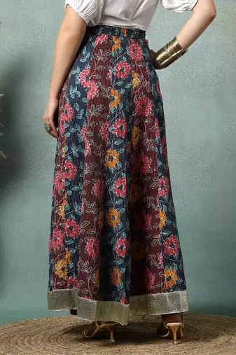 Multicolor floral printed cotton flared maxi skirt for women