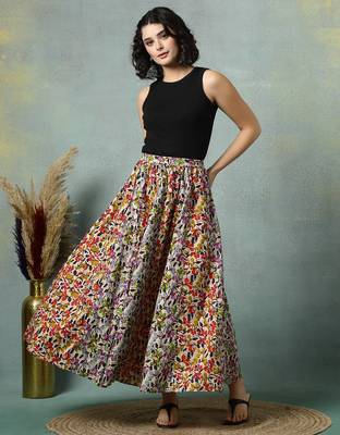 Multicolor floral printed cotton flared maxi skirt for women 1