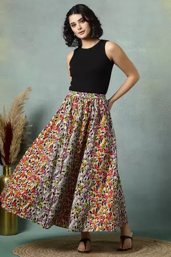 Multicolor floral printed cotton flared maxi skirt for women
