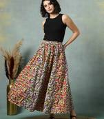 Multicolor floral printed cotton flared maxi skirt for women