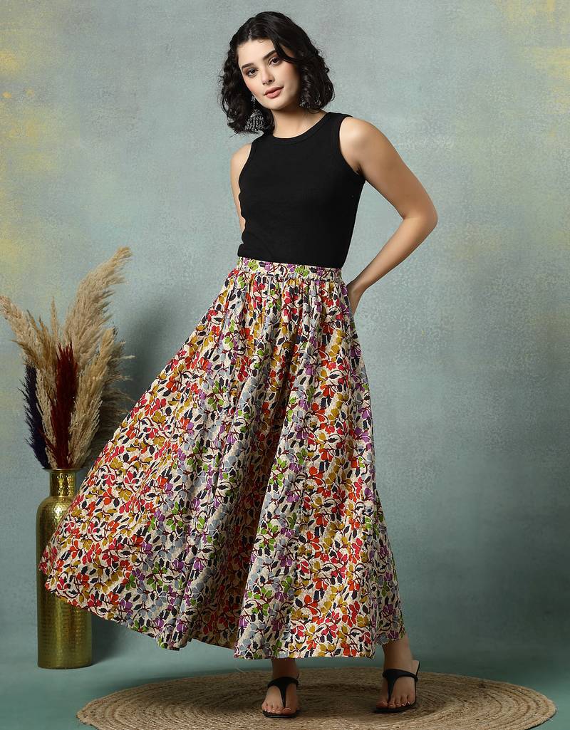 Multicolor floral printed cotton flared maxi skirt for women