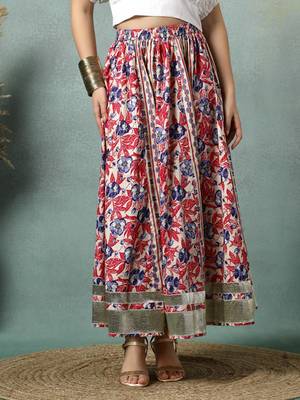Cream floral printed cotton flared maxi skirt for women 2