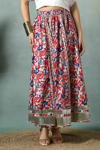 Cream floral printed cotton flared maxi skirt for women
