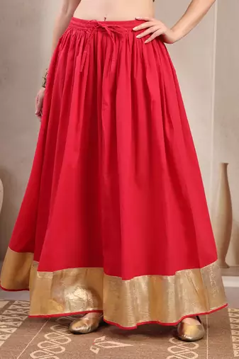 Pink plain cotton flared maxi skirt for women