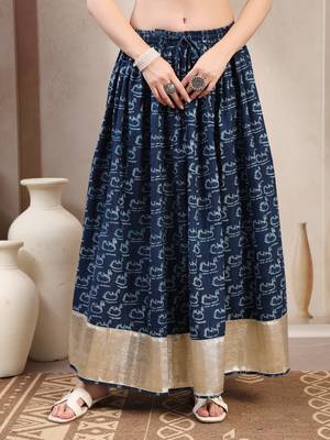 Blue graphic printed cotton flared maxi skirt for women 2