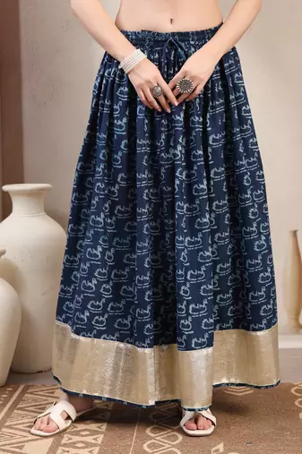 Blue graphic printed cotton flared maxi skirt for women
