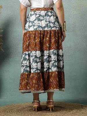Multicolor floral printed cotton flared maxi skirt for women 3