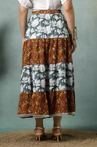 Multicolor floral printed cotton flared maxi skirt for women