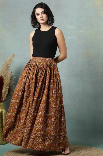 Brown floral printed cotton flared maxi skirt for women