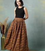 Brown floral printed cotton flared maxi skirt for women