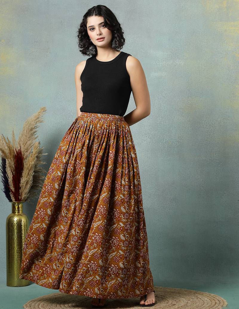 Brown floral printed cotton flared maxi skirt for women