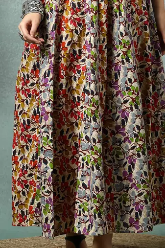 Multicolor floral printed cotton flared maxi skirt for women