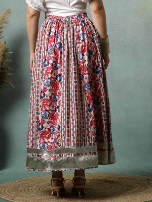 Cream floral printed cotton flared maxi skirt for women 3