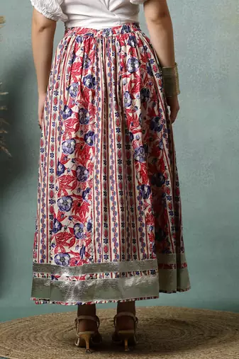 Cream floral printed cotton flared maxi skirt for women