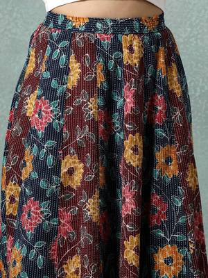 Multicolor floral printed cotton flared maxi skirt for women 4