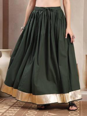 Green plain cotton flared maxi skirt for women 2