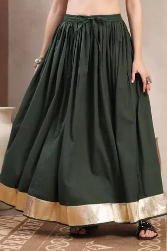 Green plain cotton flared maxi skirt for women