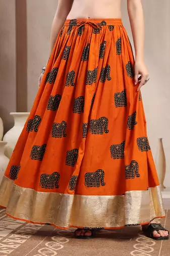 Orange graphic printed cotton flared maxi skirt for women