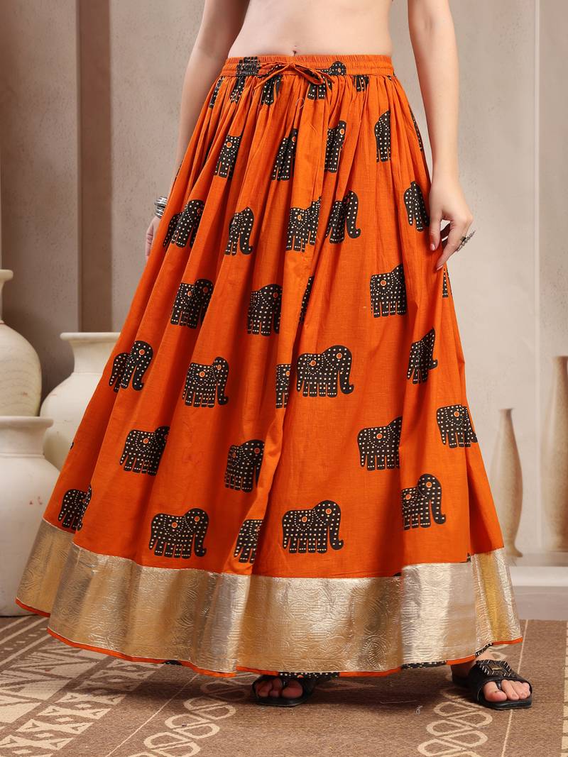 Orange graphic printed cotton flared maxi skirt for women