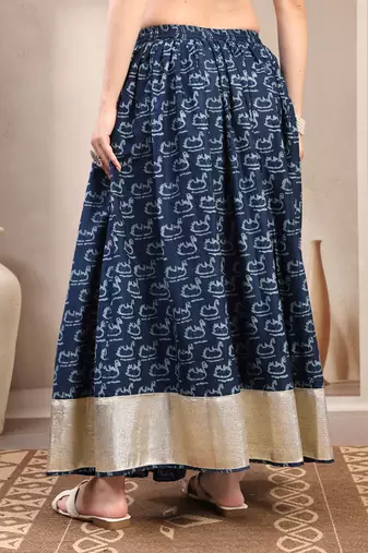 Blue graphic printed cotton flared maxi skirt for women