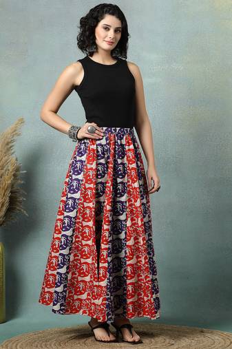 Multicolor floral printed cotton flared maxi skirt for women