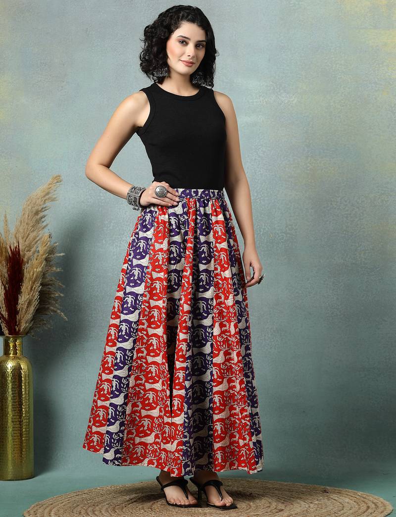 Multicolor floral printed cotton flared maxi skirt for women