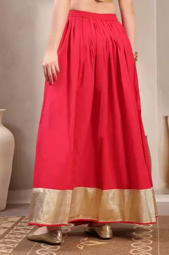 Pink plain cotton flared maxi skirt for women
