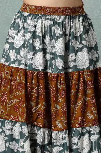 Multicolor floral printed cotton flared maxi skirt for women