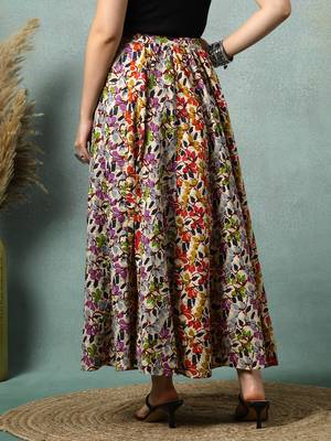 Multicolor floral printed cotton flared maxi skirt for women 3