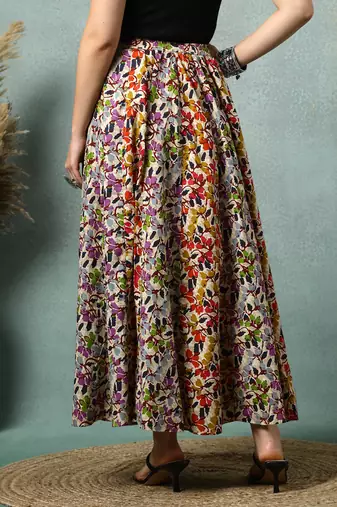 Multicolor floral printed cotton flared maxi skirt for women