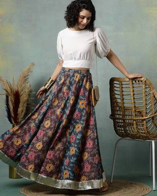 Multicolor floral printed cotton flared maxi skirt for women 5